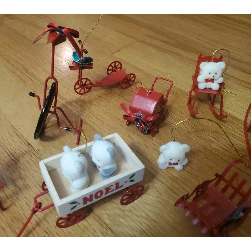 Vintage 80s Flocked Teddy Bear Christmas Ornaments Red Metal Lot Sled Wagon